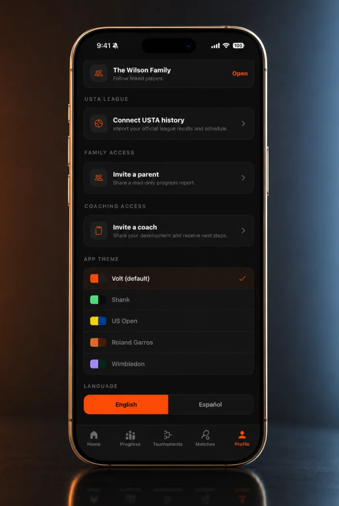 Profile screen with USTA league import, parent and coach invitations, the app theme picker, and an English or Spanish language switch