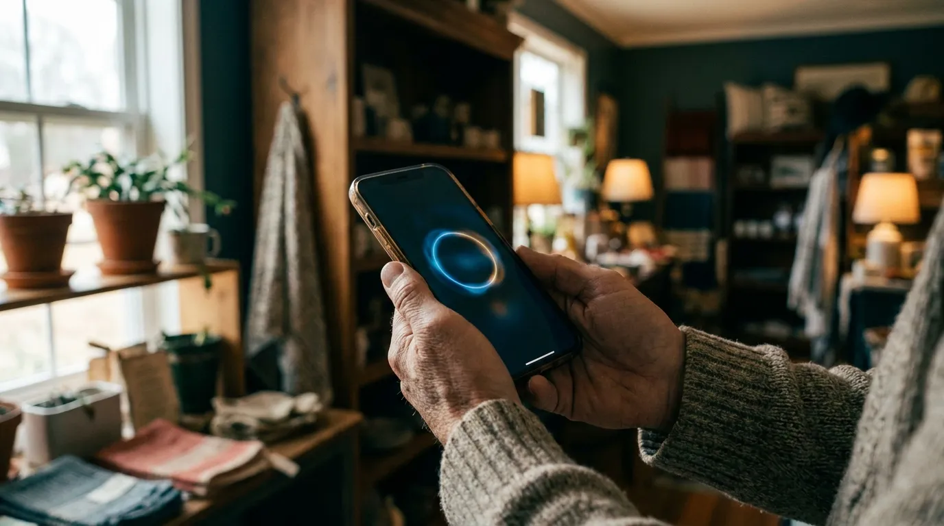 Hands holding a smartphone showing a voice assistant listening
